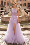Light Yellow One Shoulder 3D Appliques Beading Long Prom Dress with Slit