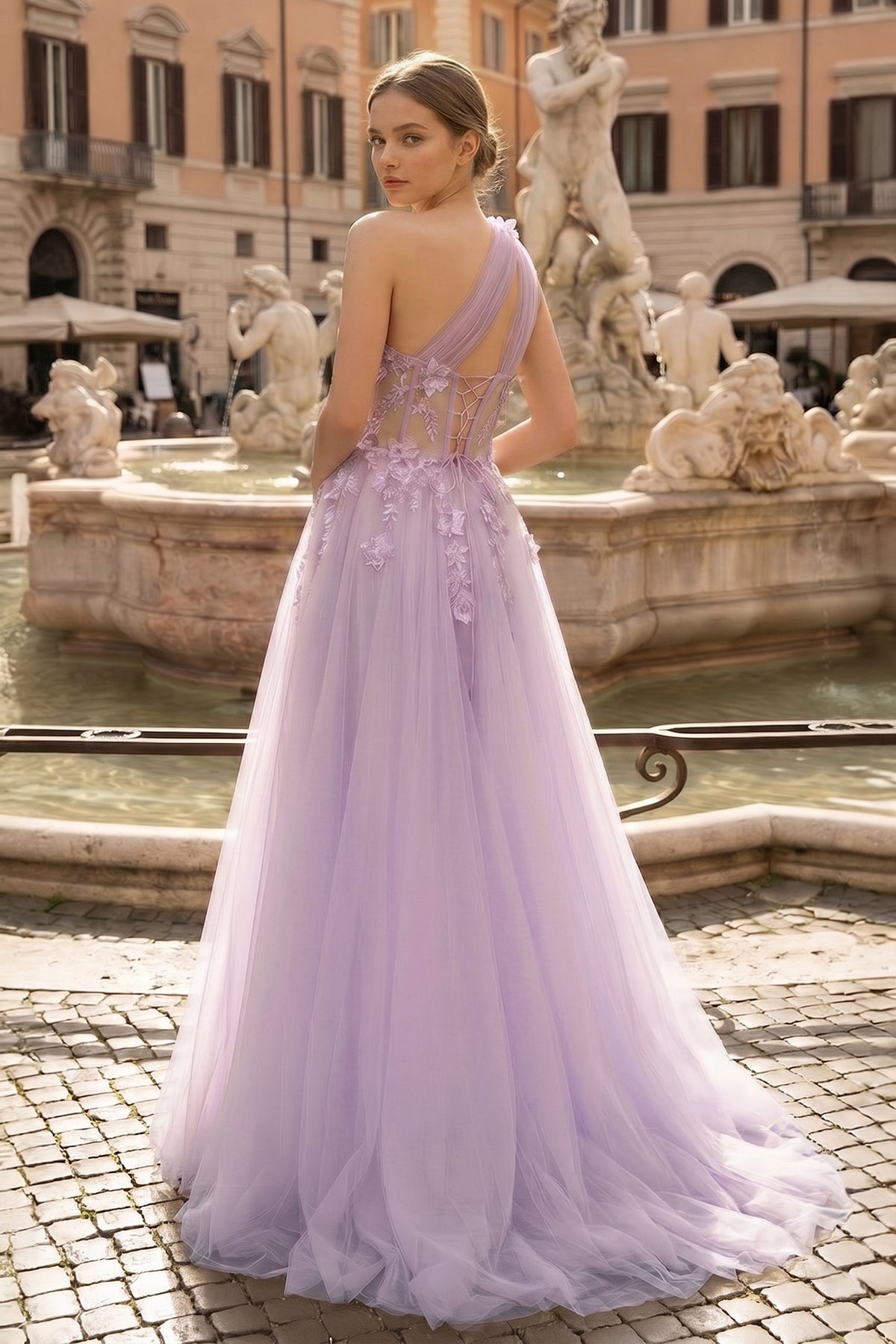 Light Yellow One Shoulder 3D Appliques Beading Long Prom Dress with Slit