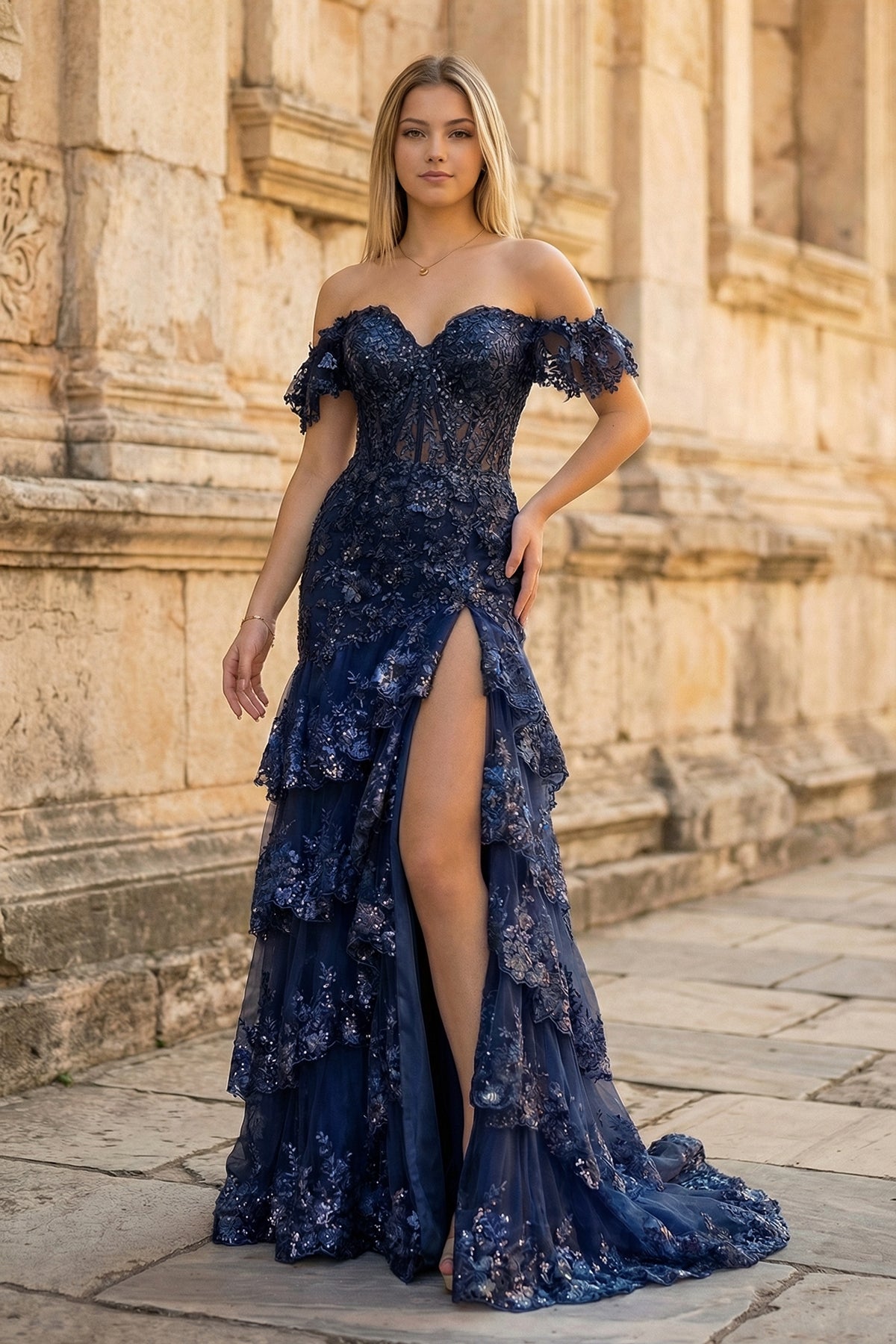 Sheath Off the Shoulder Long Lace Prom Dress (Lace-up Back)