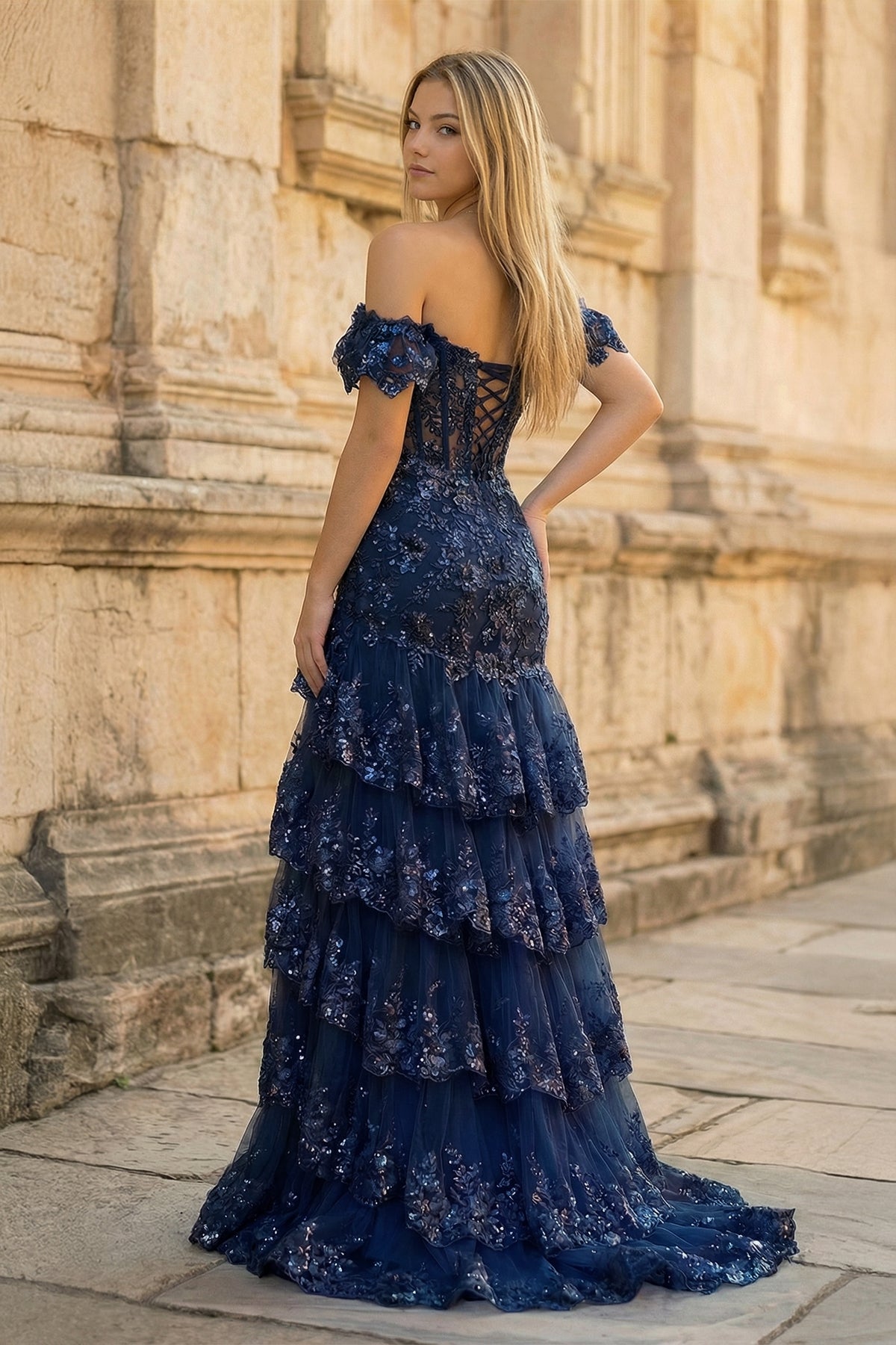 Sheath Off the Shoulder Long Lace Prom Dress (Lace-up Back)