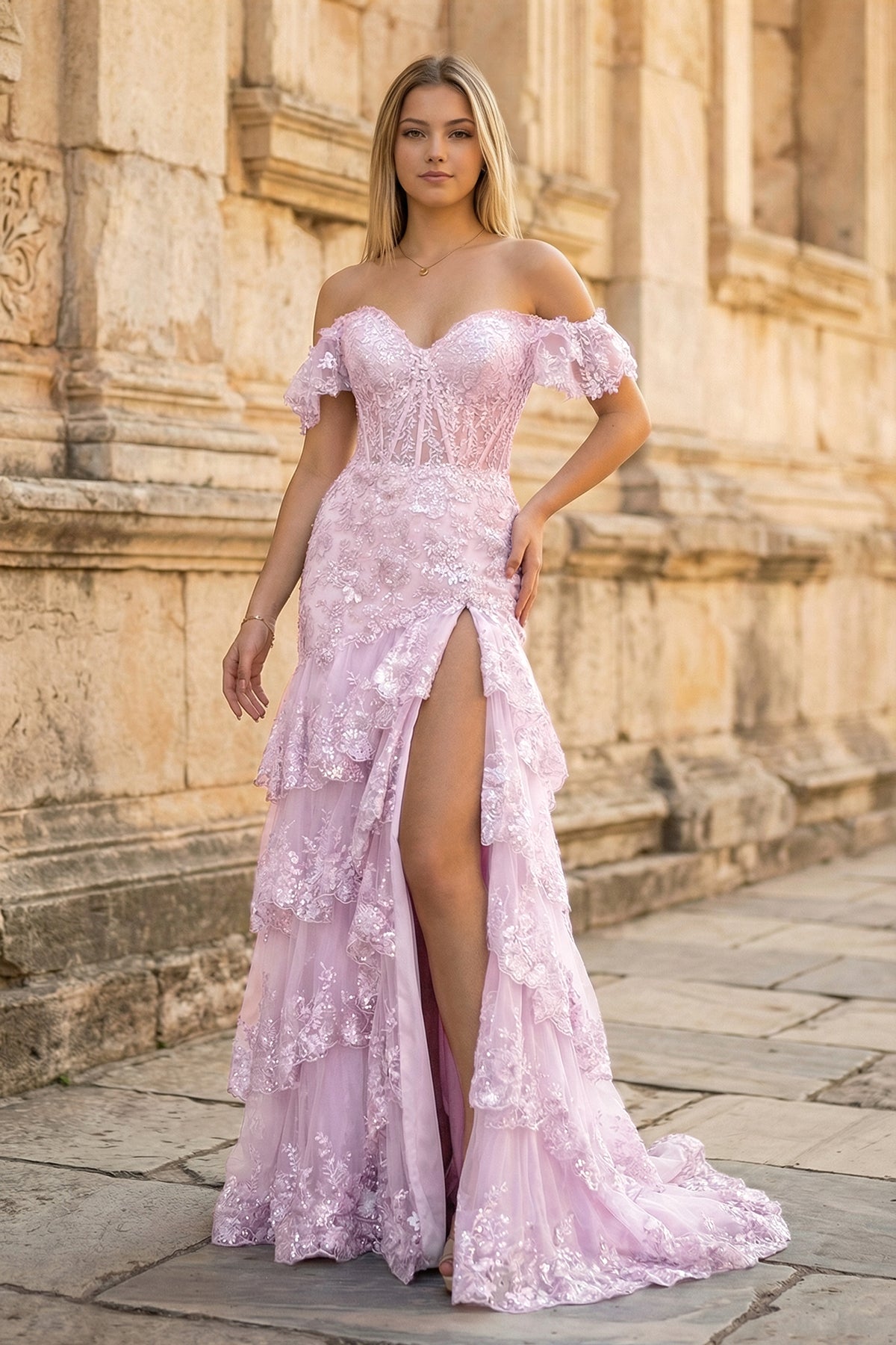 Sheath Off the Shoulder Long Lace Prom Dress (Lace-up Back)