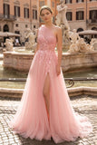 Light Yellow One Shoulder 3D Appliques Beading Long Prom Dress with Slit