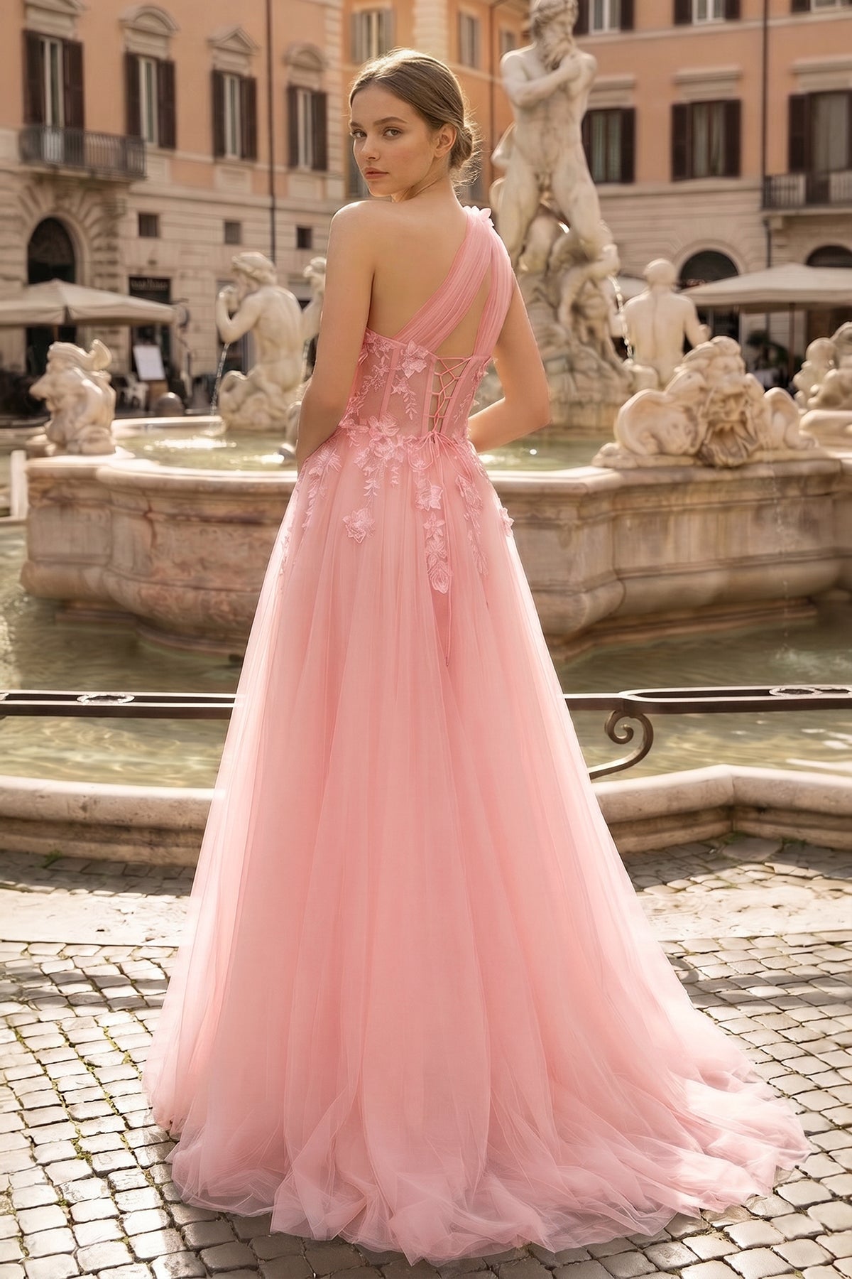 Light Yellow One Shoulder 3D Appliques Beading Long Prom Dress with Slit