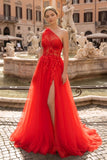 Light Yellow One Shoulder 3D Appliques Beading Long Prom Dress with Slit