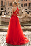 Light Yellow One Shoulder 3D Appliques Beading Long Prom Dress with Slit