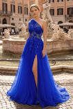 Light Yellow One Shoulder 3D Appliques Beading Long Prom Dress with Slit