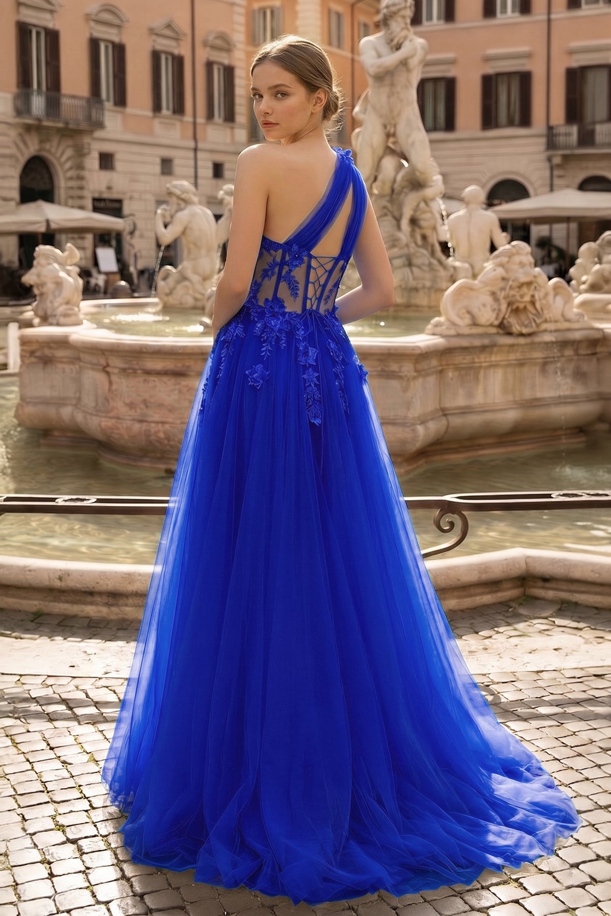 Light Yellow One Shoulder 3D Appliques Beading Long Prom Dress with Slit