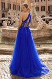 Light Yellow One Shoulder 3D Appliques Beading Long Prom Dress with Slit