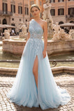Light Yellow One Shoulder 3D Appliques Beading Long Prom Dress with Slit