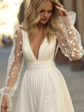 Long Sleeve Boho Flowy Wedding Dress Lace A-Line V-Neck Beach Gown with Split Front and Sweep Train