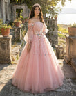 Long Sleeve Pearl Pink Off The Shoulder Quinceanera Dress with Hand-made Flower