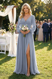 Long Sleeve V-Neck A-Line Chiffon Bridesmaid Dress in Twilight
