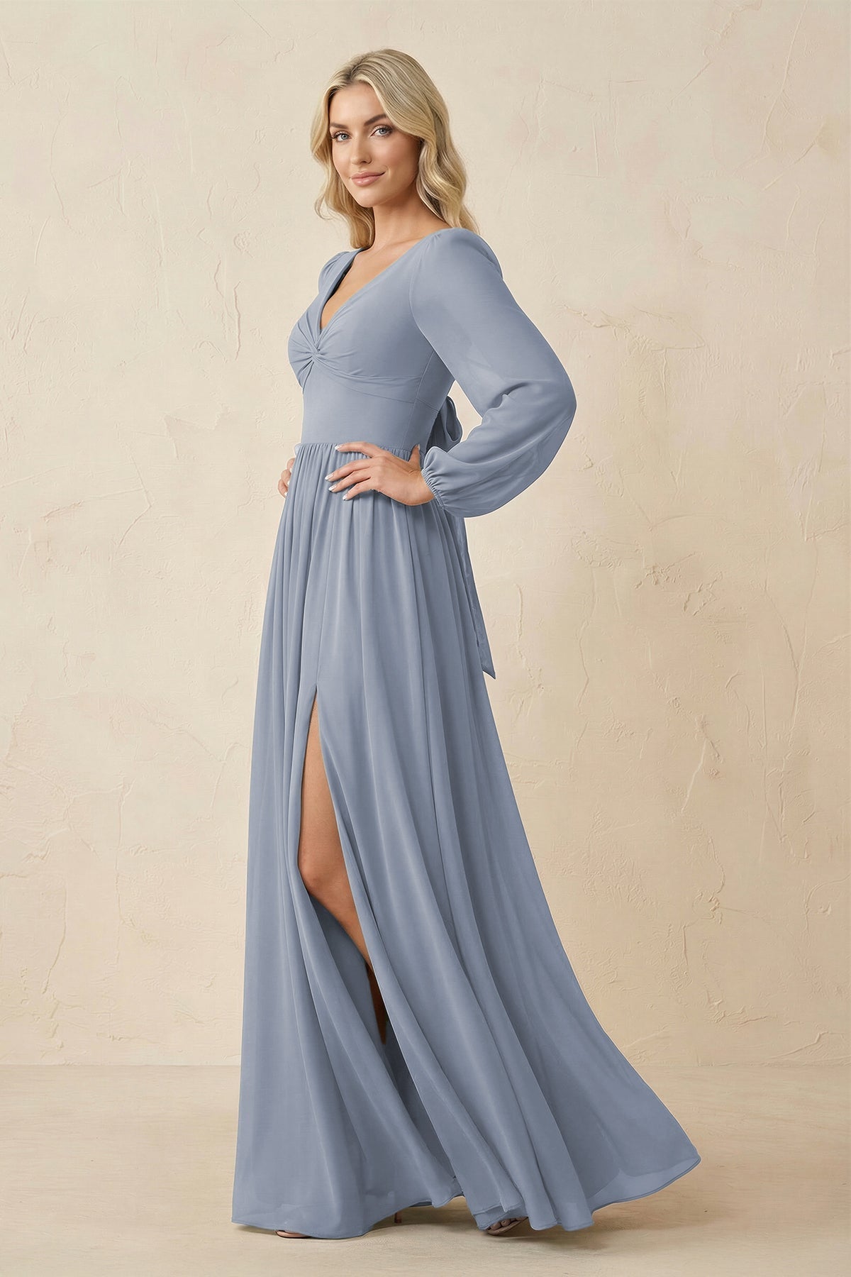 Long Sleeve V-Neck A-Line Chiffon Bridesmaid Dress in Twilight