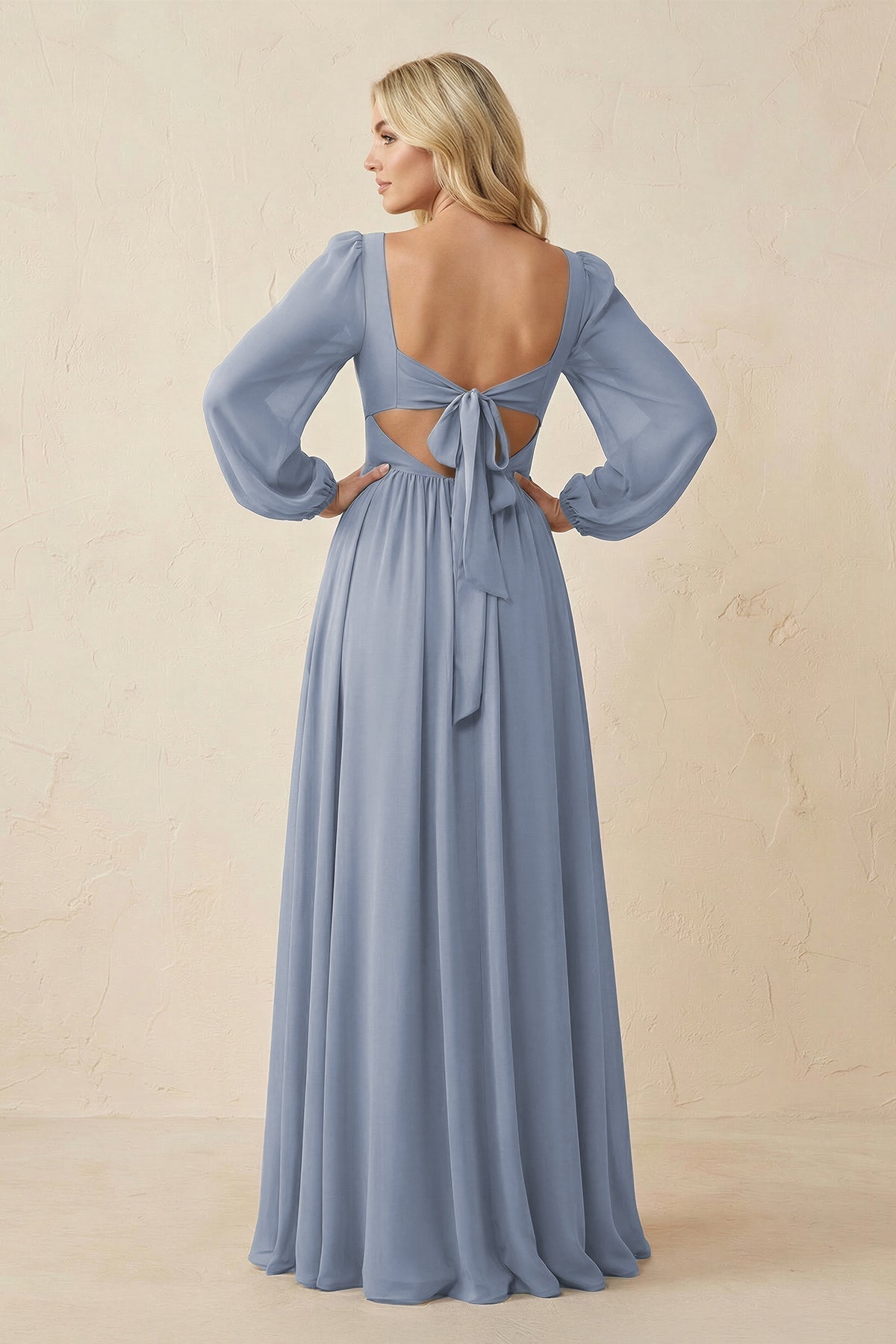 Long Sleeve V-Neck A-Line Chiffon Bridesmaid Dress in Twilight