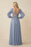 Long Sleeve V-Neck A-Line Chiffon Bridesmaid Dress in Twilight