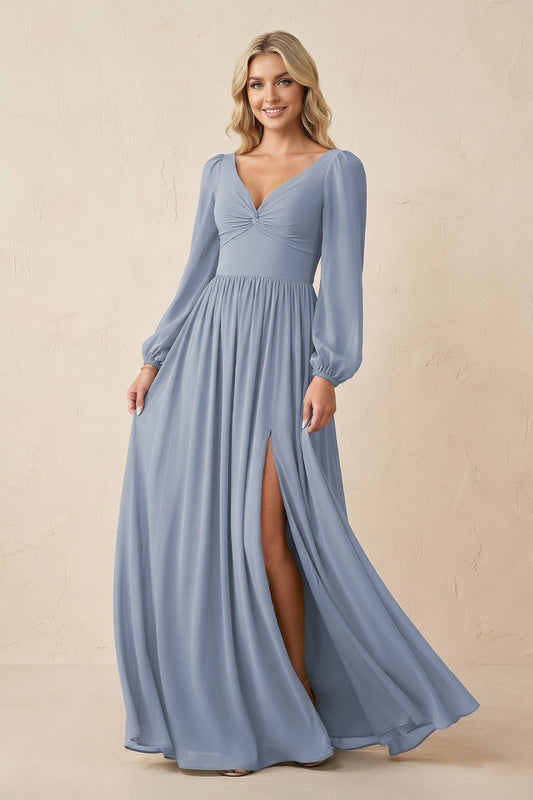 Long Sleeve V-Neck A-Line Chiffon Bridesmaid Dress in Twilight