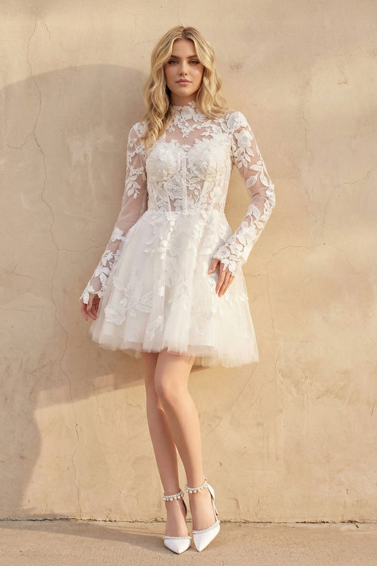 Short White A-Line Illusion Neck Long Sleeves Lace Wedding Dresses