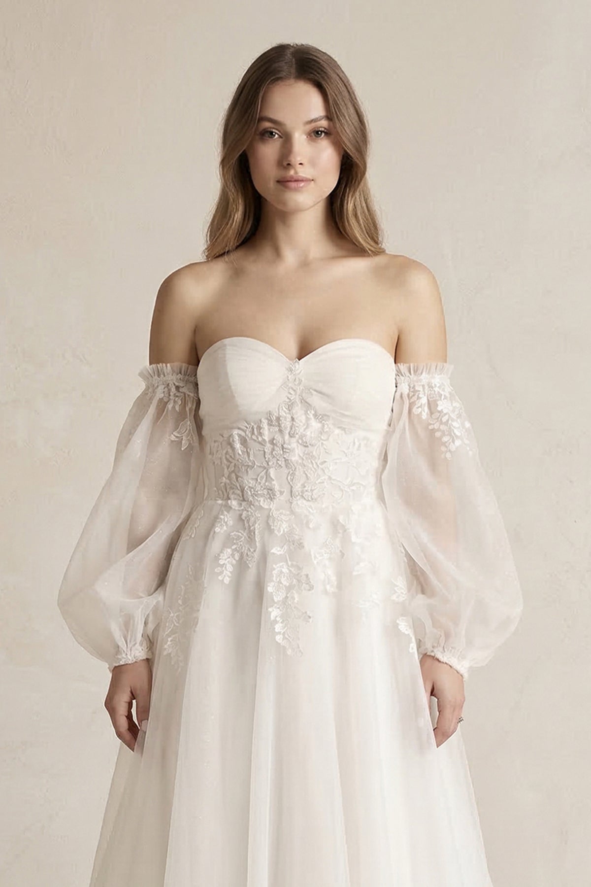 Long Sleeves Tulle A-Line Off-the-Shoulder Wedding Dress in White