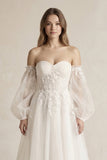 Long Sleeves Tulle A-Line Off-the-Shoulder Wedding Dress in White