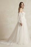 Long Sleeves Tulle A-Line Off-the-Shoulder Wedding Dress in White