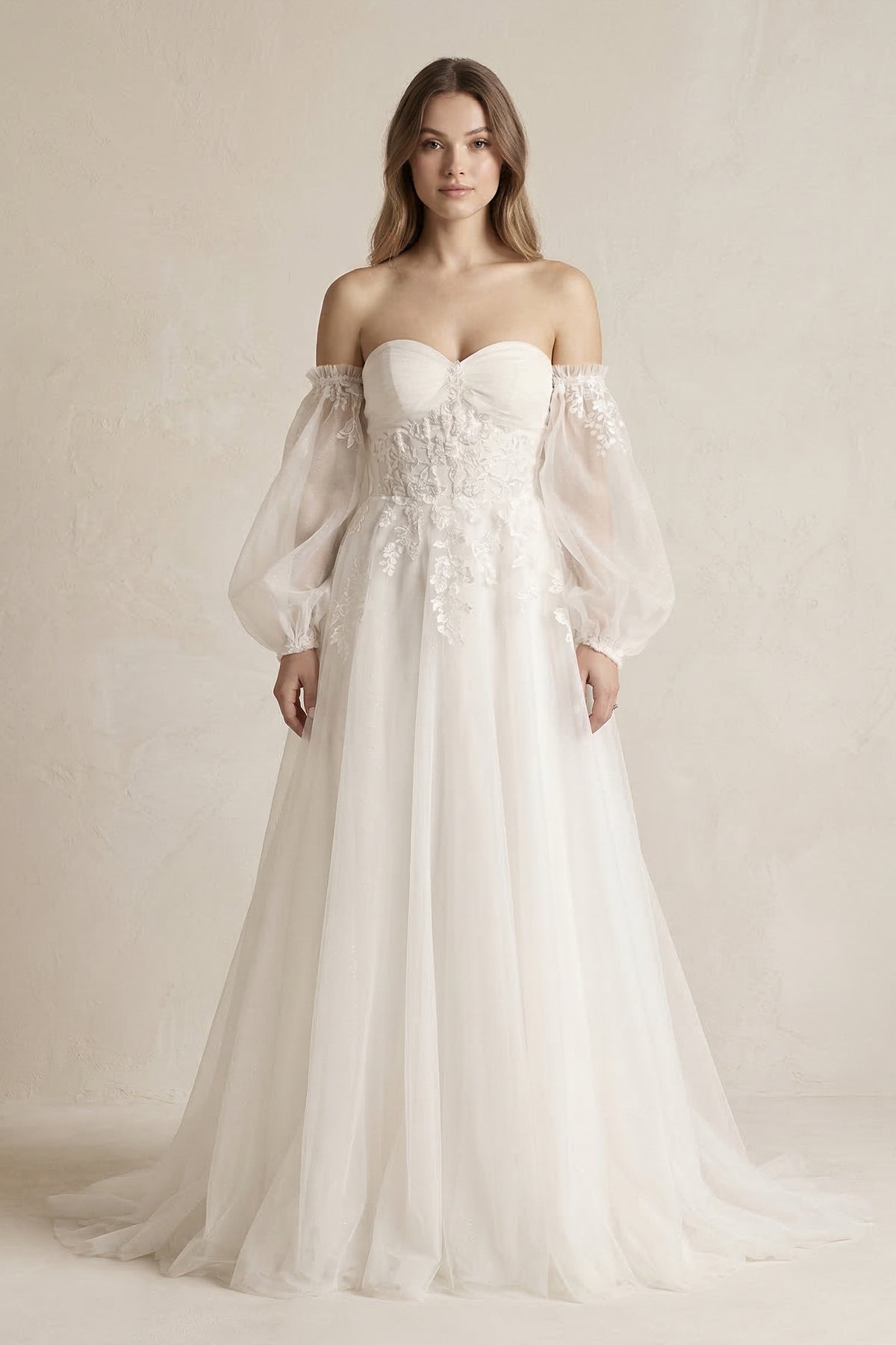 Long Sleeves Tulle A-Line Off-the-Shoulder Wedding Dress in White