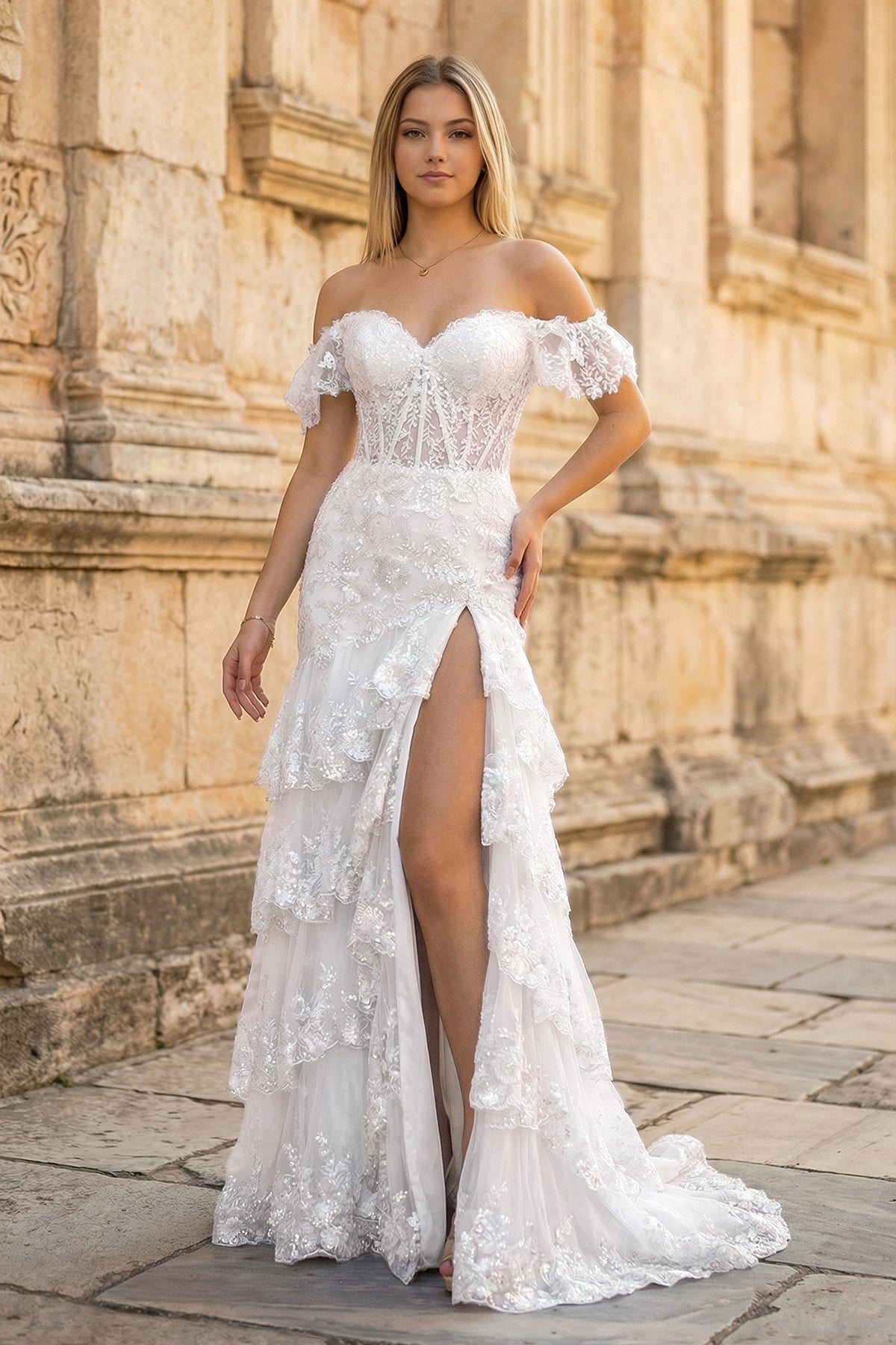Sheath Off the Shoulder Long Lace Prom Dress (Lace-up Back)