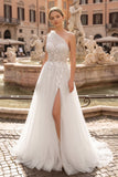 Light Yellow One Shoulder 3D Appliques Beading Long Prom Dress with Slit