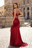 Pink Spaghetti Straps Satin Mermaid Long Prom Dress With Split