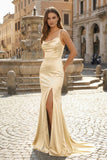 Pink Spaghetti Straps Satin Mermaid Long Prom Dress With Split