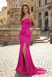 Pink Spaghetti Straps Satin Mermaid Long Prom Dress With Split