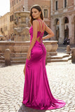 Pink Spaghetti Straps Satin Mermaid Long Prom Dress With Split