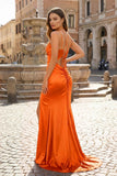 Pink Spaghetti Straps Satin Mermaid Long Prom Dress With Split