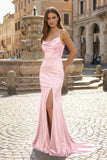 Pink Spaghetti Straps Satin Mermaid Long Prom Dress With Split
