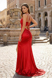 Pink Spaghetti Straps Satin Mermaid Long Prom Dress With Split