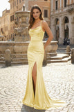 Pink Spaghetti Straps Satin Mermaid Long Prom Dress With Split