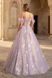 Lilac Off The Shoulder Tulle A Line Prom Dress With Appliques