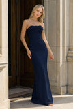 Yellow Strapless Sheath Satin Long Formal Prom Dresses With Bow
