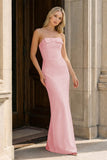 Yellow Strapless Sheath Satin Long Formal Prom Dresses With Bow