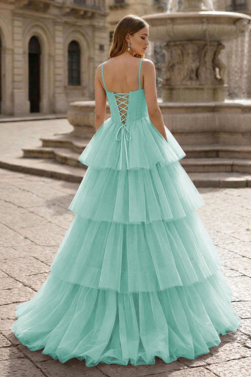 Hot Pink Ball Gown Tiered Tulle Long Prom Dress