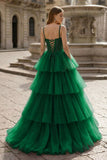 Hot Pink Ball Gown Tiered Tulle Long Prom Dress