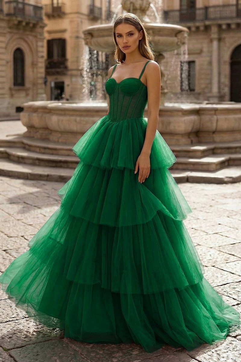 Hot Pink Ball Gown Tiered Tulle Long Prom Dress