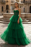 Hot Pink Ball Gown Tiered Tulle Long Prom Dress