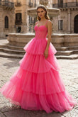 Hot Pink Ball Gown Tiered Tulle Long Prom Dress