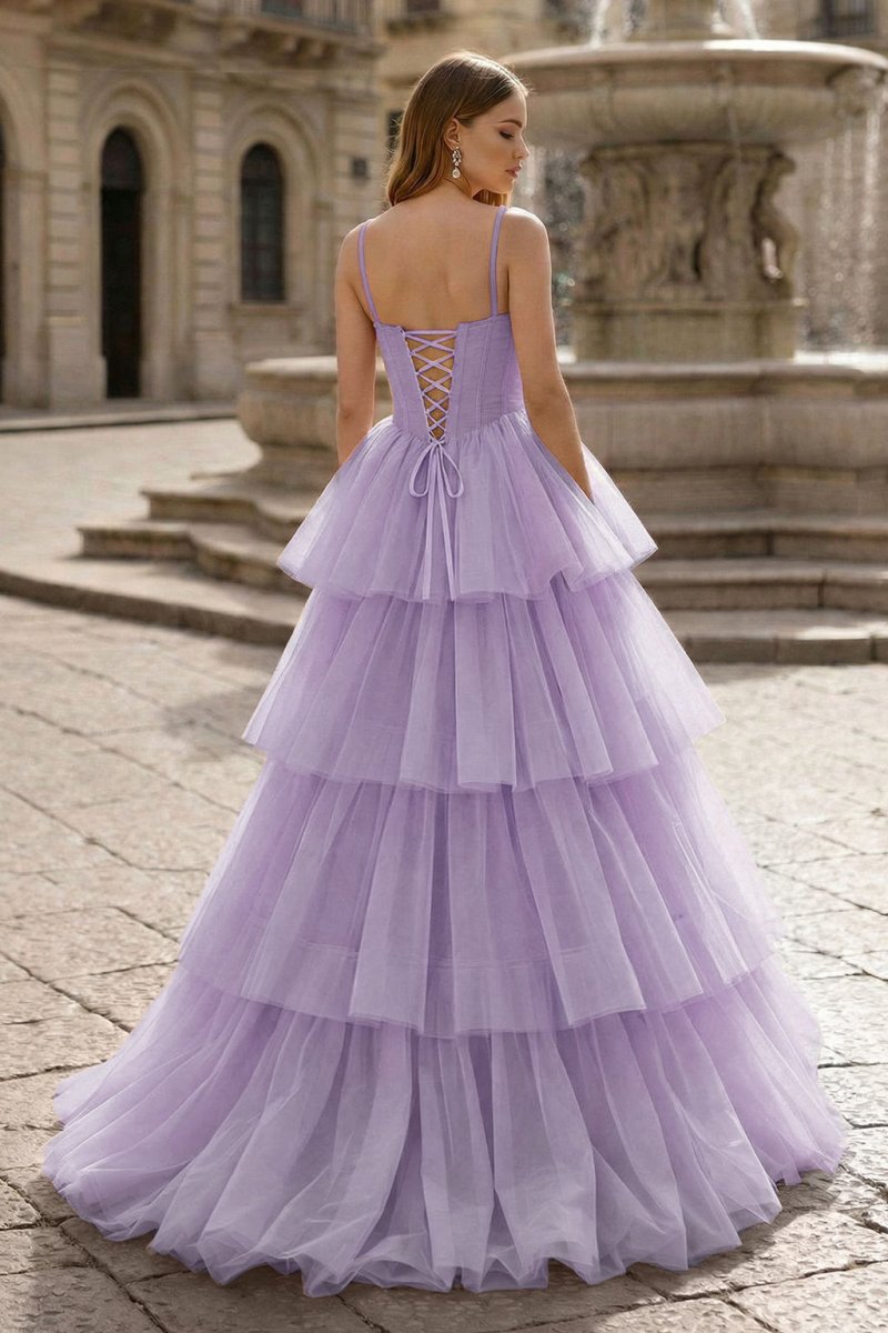 Hot Pink Ball Gown Tiered Tulle Long Prom Dress