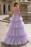 Hot Pink Ball Gown Tiered Tulle Long Prom Dress