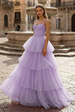 Hot Pink Ball Gown Tiered Tulle Long Prom Dress