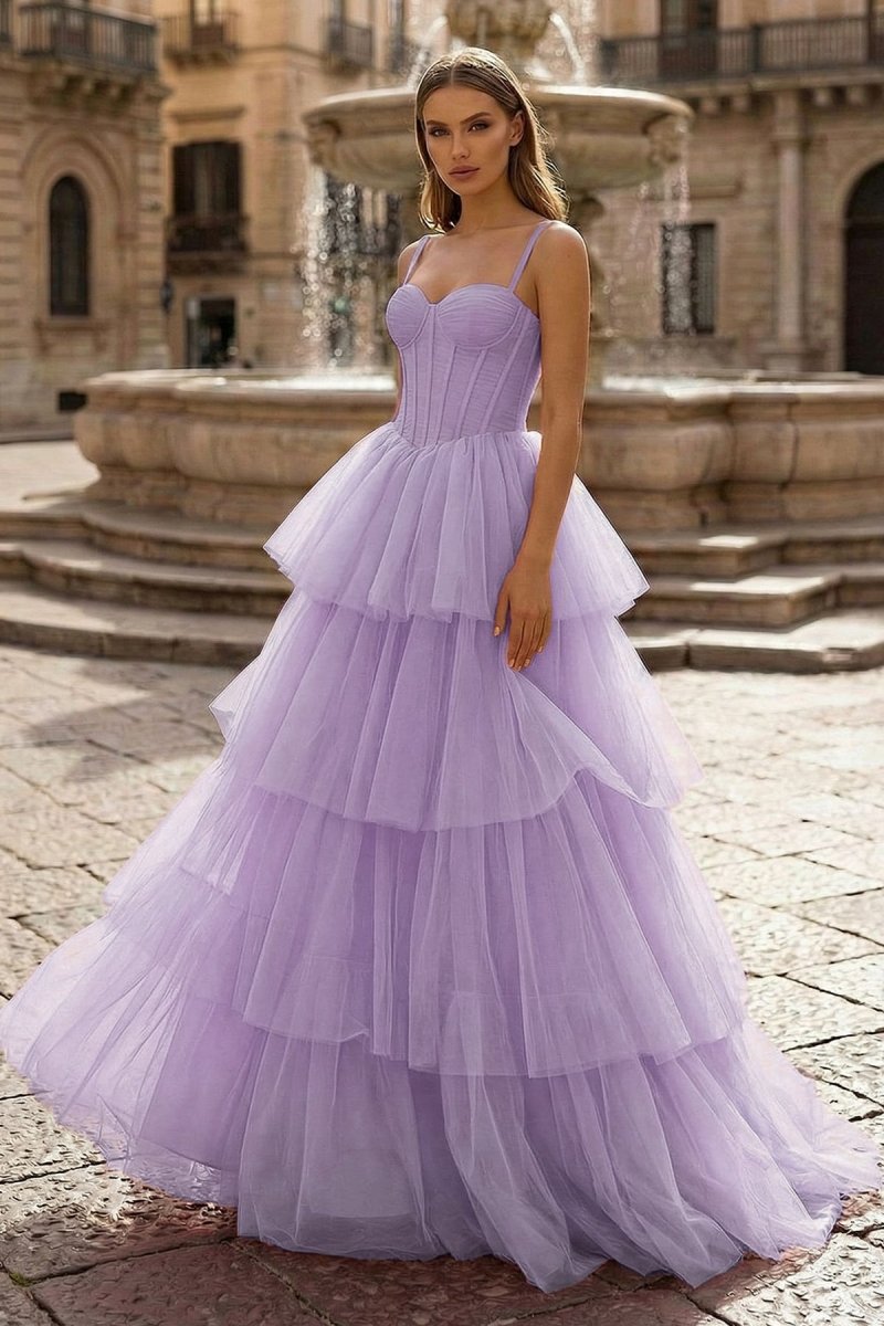 Hot Pink Ball Gown Tiered Tulle Long Prom Dress