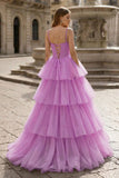 Hot Pink Ball Gown Tiered Tulle Long Prom Dress