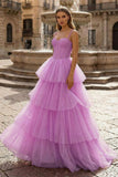 Hot Pink Ball Gown Tiered Tulle Long Prom Dress
