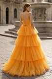 Hot Pink Ball Gown Tiered Tulle Long Prom Dress